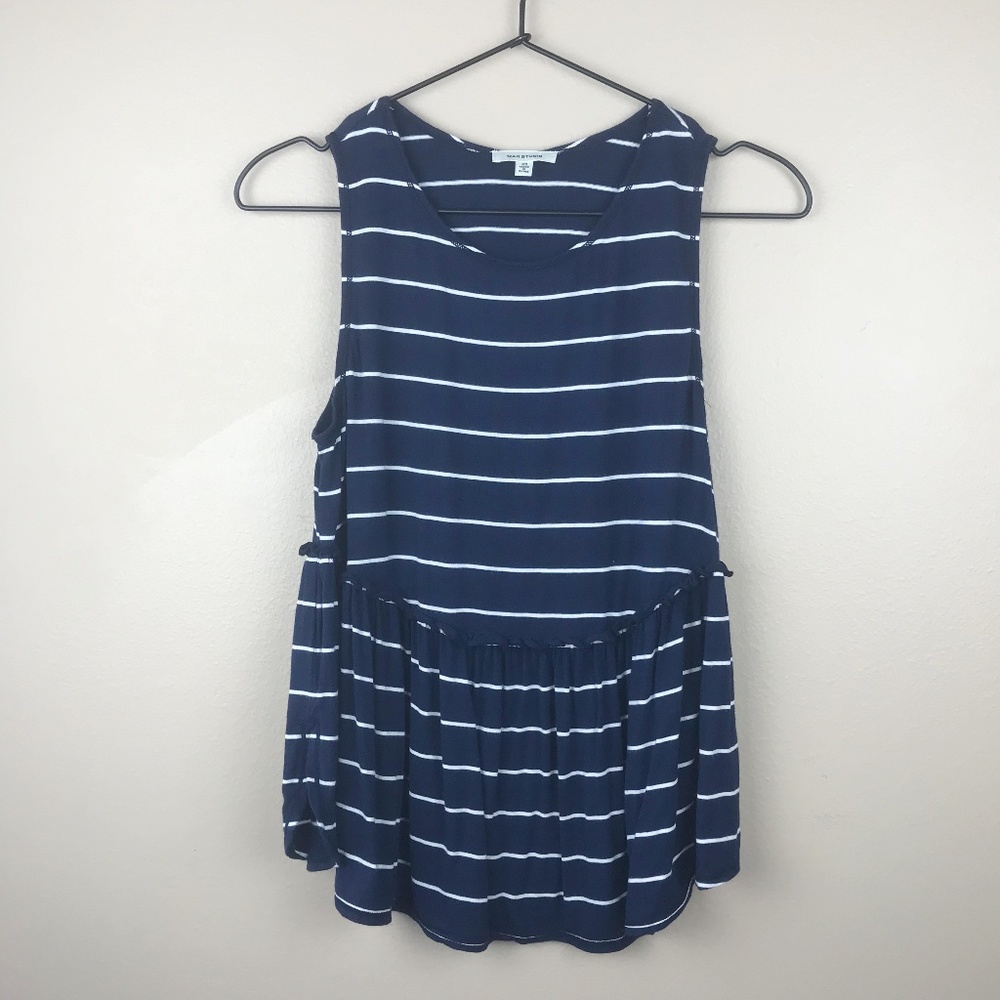 Max Studio} Striped Sleeveless Ruffle Trim Top